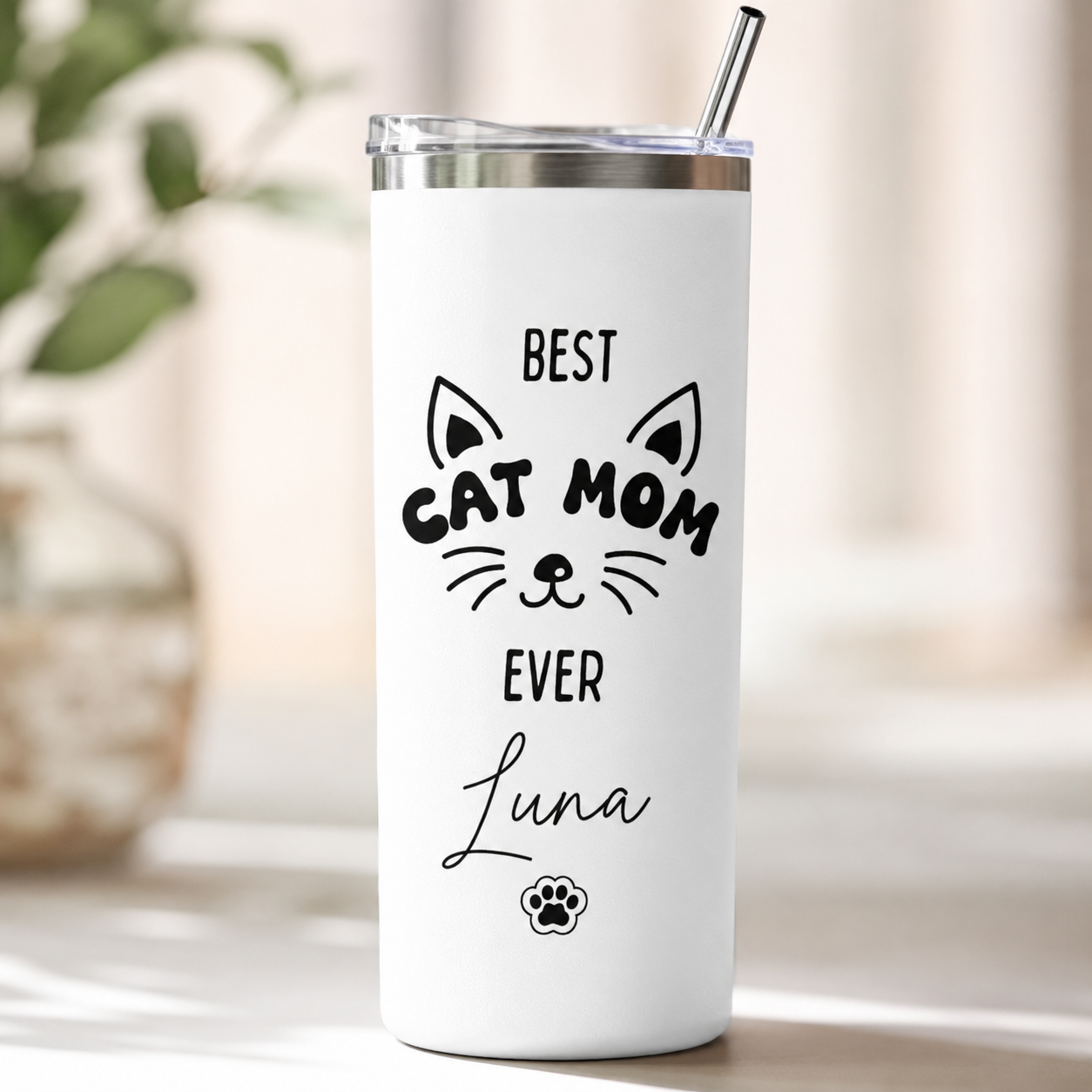 Personalized Best Cat Mom 20oz Skinny Tumbler – Custom Cat Photo Skinny Tumbler For Woman and Cat Owners TOM99