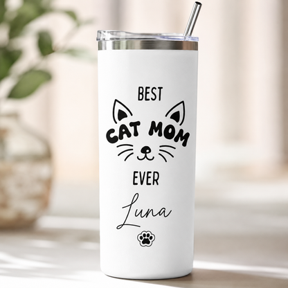 Personalized Best Cat Mom 20oz Skinny Tumbler – Custom Cat Photo Skinny Tumbler For Woman and Cat Owners TOM99