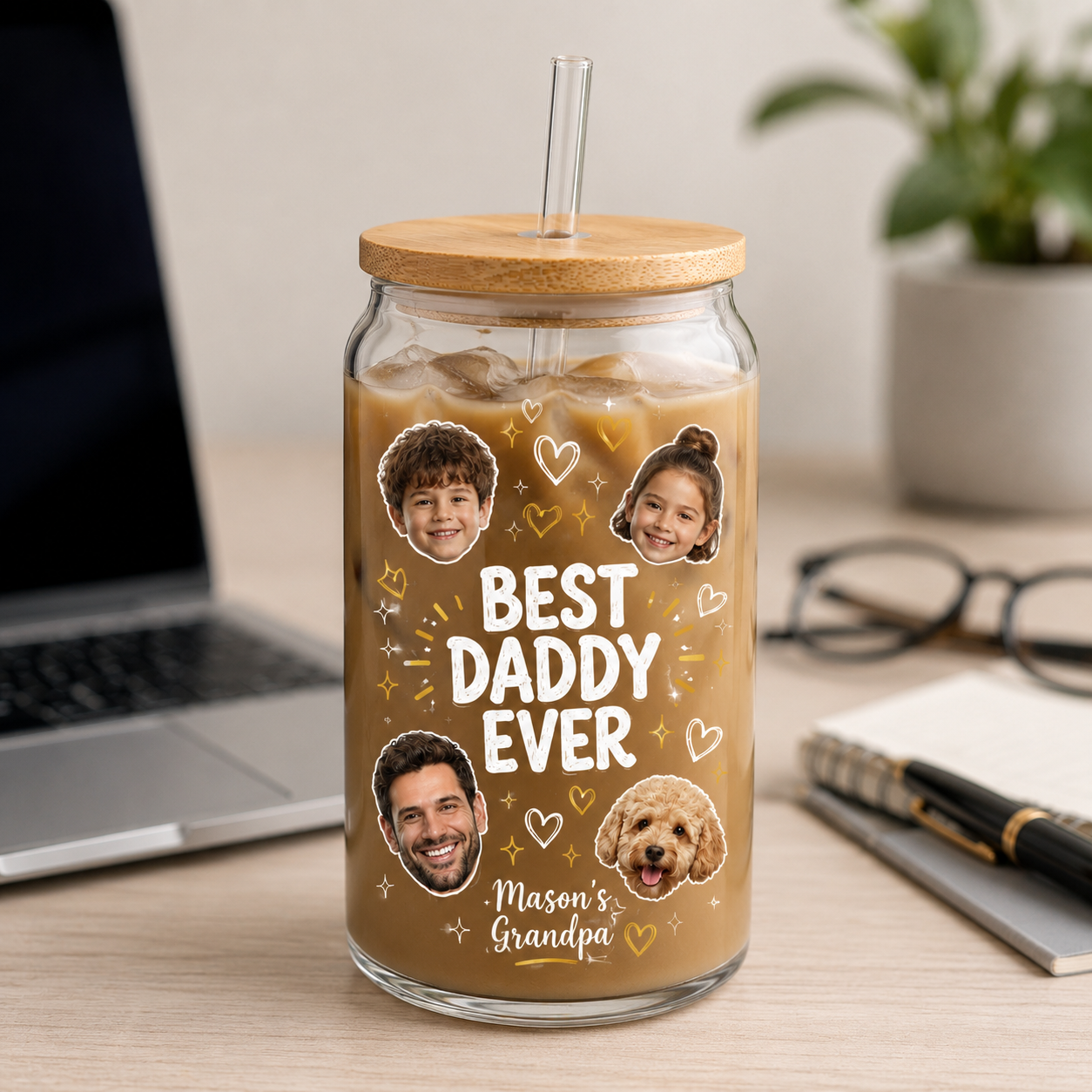 Custom Photo Best Dad Ever Glass 16oz – Personalized Dad Glass Cup with Bamboo Lid & Straw | Gift For Father  TOM99