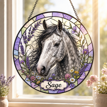 Custom Photo Horse Flower Stained Glass Suncatcher – Personalized Horse Lover Gifts | Gift For Horse Lover TOM99