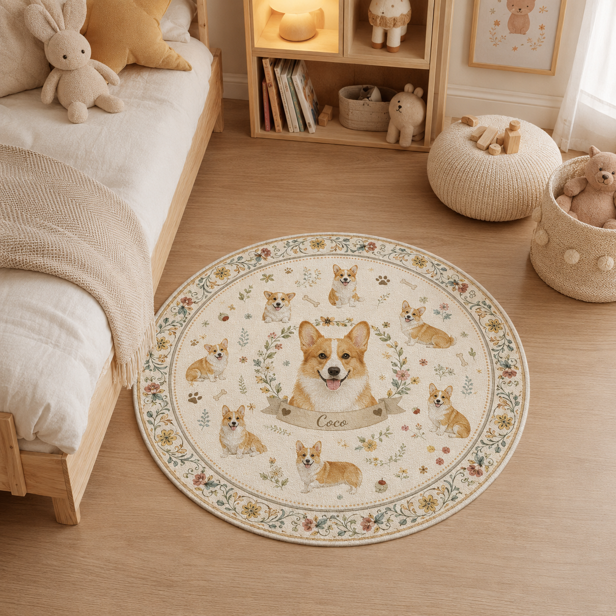 Custom Photo Dog Floral Round Carpet | Photo Pet Round Rug | Gift For Dog Lovers