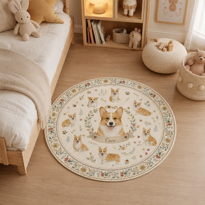 Custom Photo Dog Floral Round Carpet | Photo Pet Round Rug | Gift For Dog Lovers