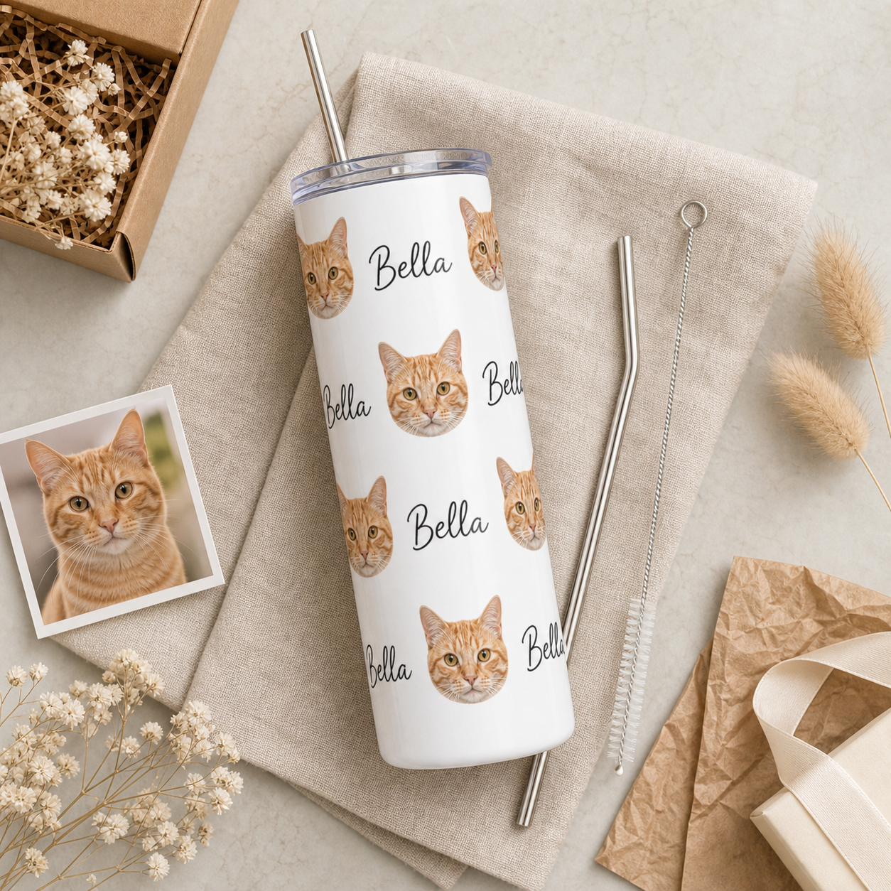 Personalized Photo Love Cat 20oz Skinny Tumbler – Custom Cat Photo Skinny Tumbler for Woman and Cat Owners TOM99