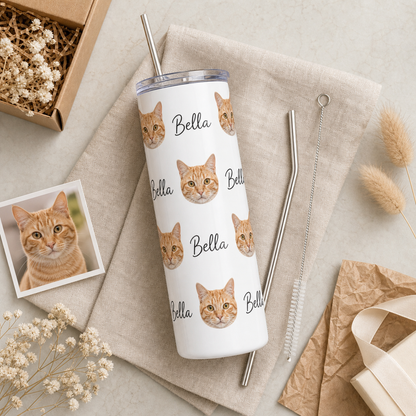 Personalized Photo Love Cat 20oz Skinny Tumbler – Custom Cat Photo Skinny Tumbler for Woman and Cat Owners TOM99