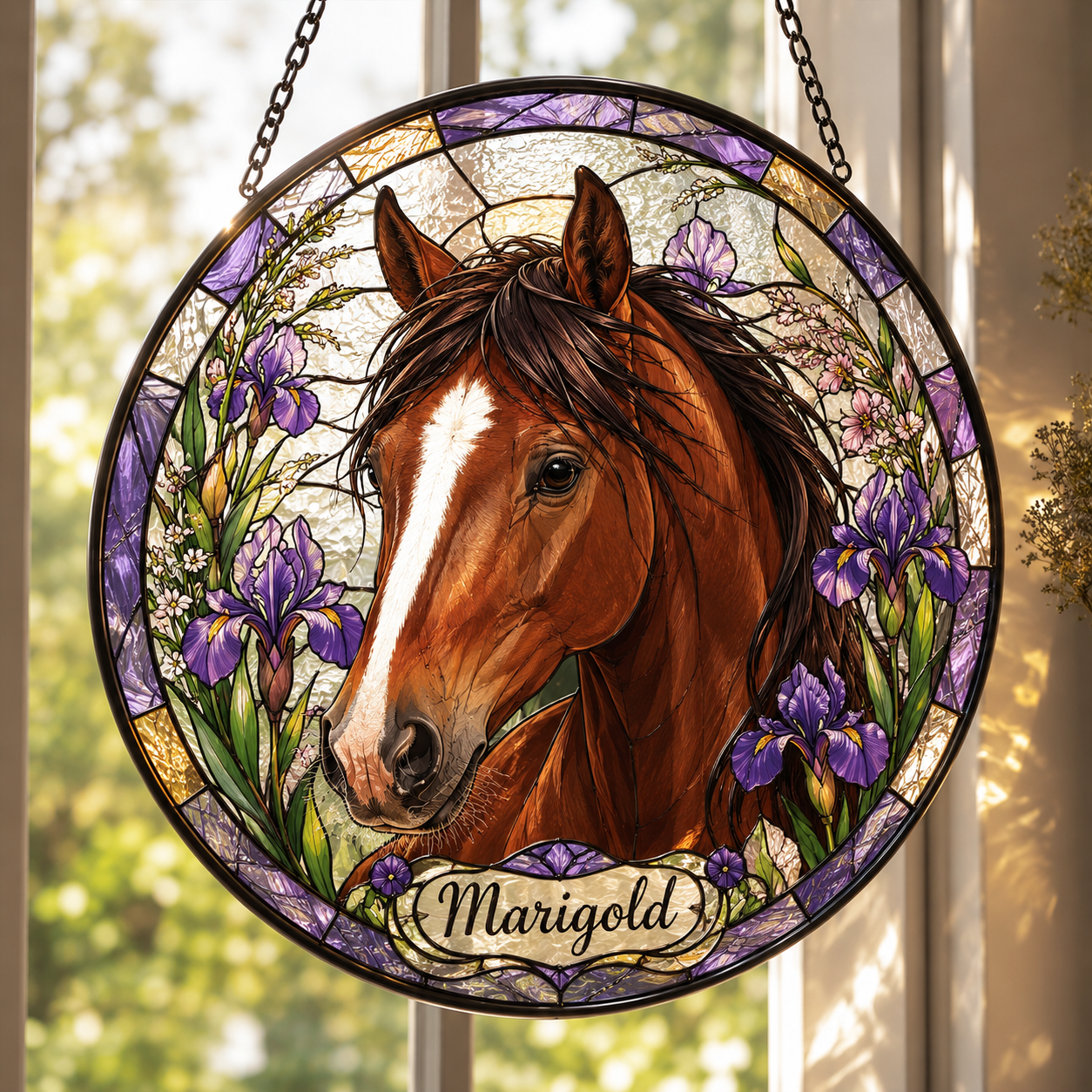 Custom Photo Horse Flower Stained Glass Suncatcher – Personalized Horse Lover Gifts | Gift For Horse Lover TOM99