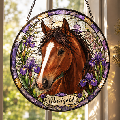 Custom Photo Horse Flower Stained Glass Suncatcher – Personalized Horse Lover Gifts | Gift For Horse Lover TOM99