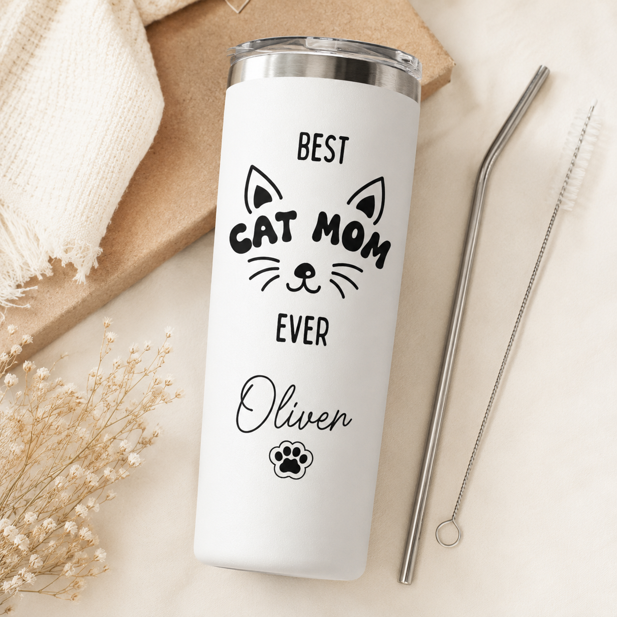 Personalized Best Cat Mom 20oz Skinny Tumbler – Custom Cat Photo Skinny Tumbler For Woman and Cat Owners TOM99
