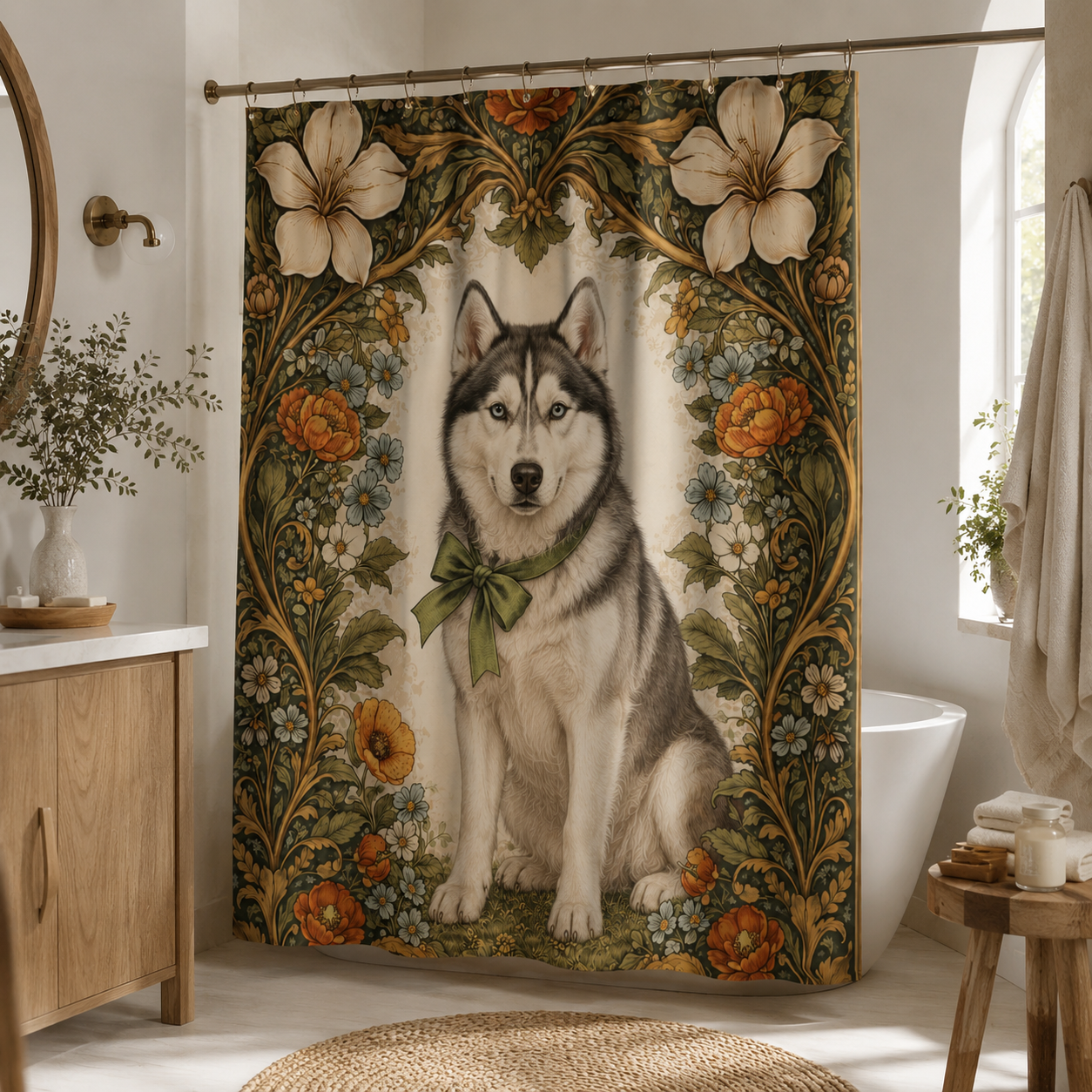Custom Photo Floral Dog Shower Curtain | Gift For Dog Lovers