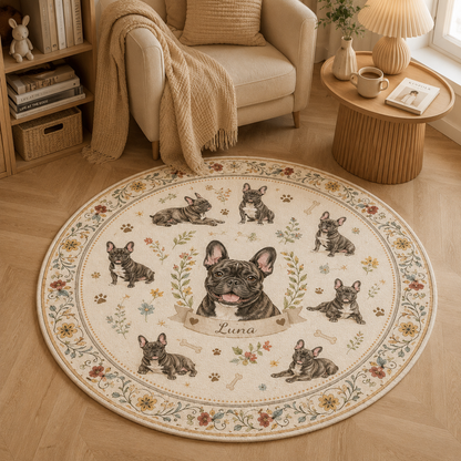 Custom Photo Dog Floral Round Carpet | Photo Pet Round Rug | Gift For Dog Lovers
