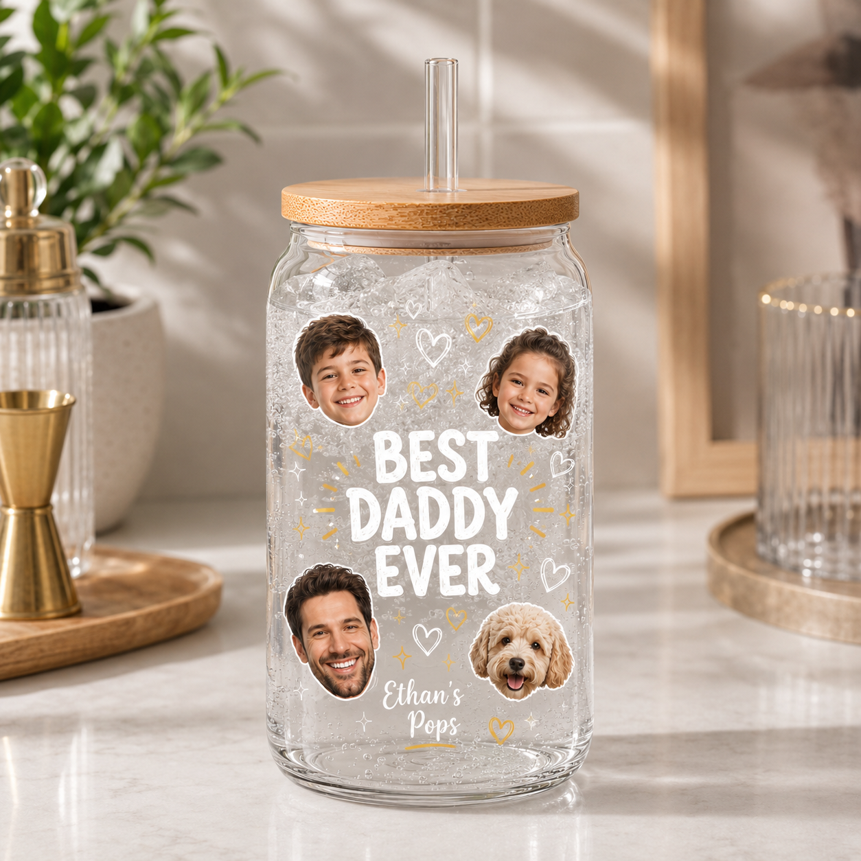 Custom Photo Best Dad Ever Glass 16oz – Personalized Dad Glass Cup with Bamboo Lid & Straw | Gift For Father  TOM99