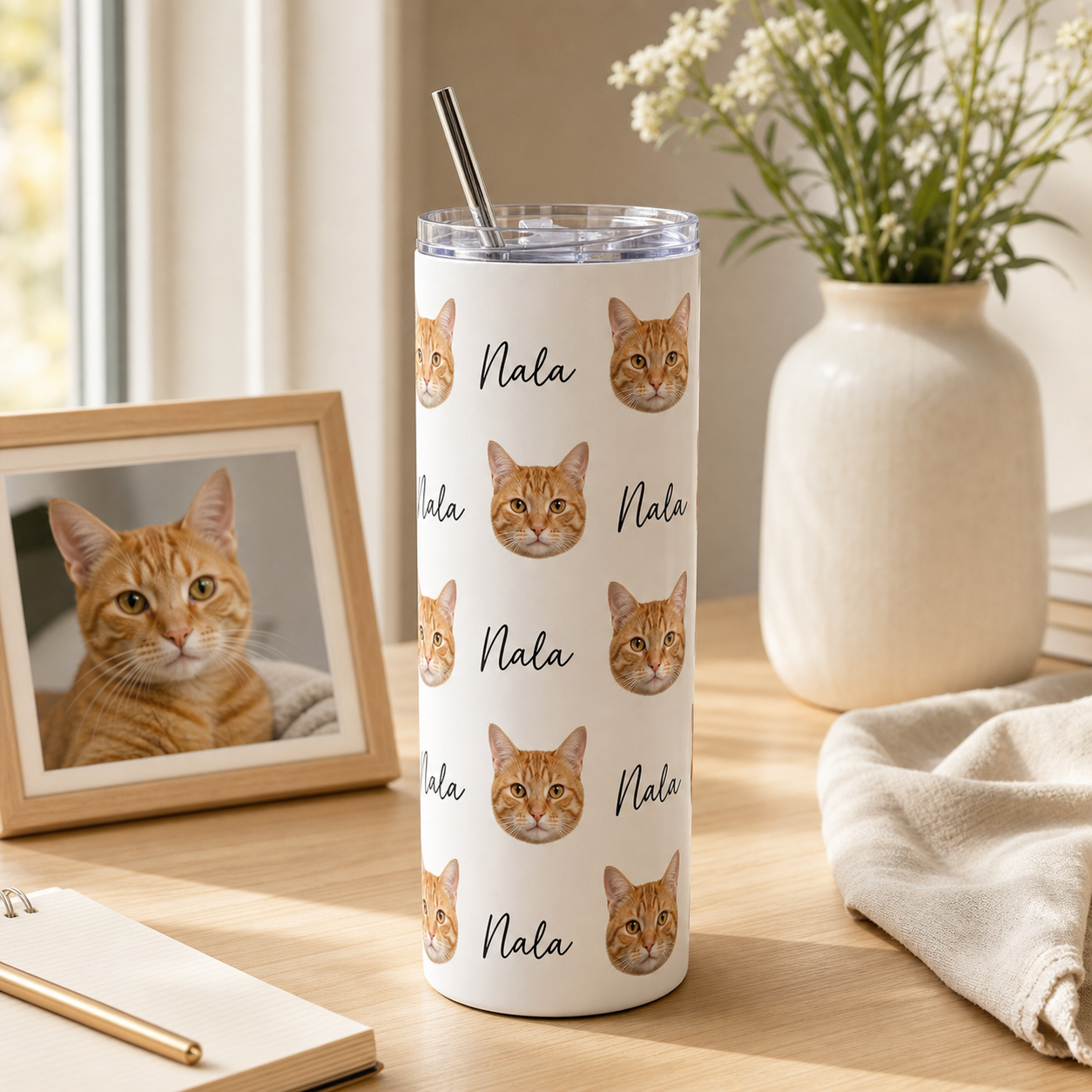 Personalized Photo Love Cat 20oz Skinny Tumbler – Custom Cat Photo Skinny Tumbler for Woman and Cat Owners TOM99