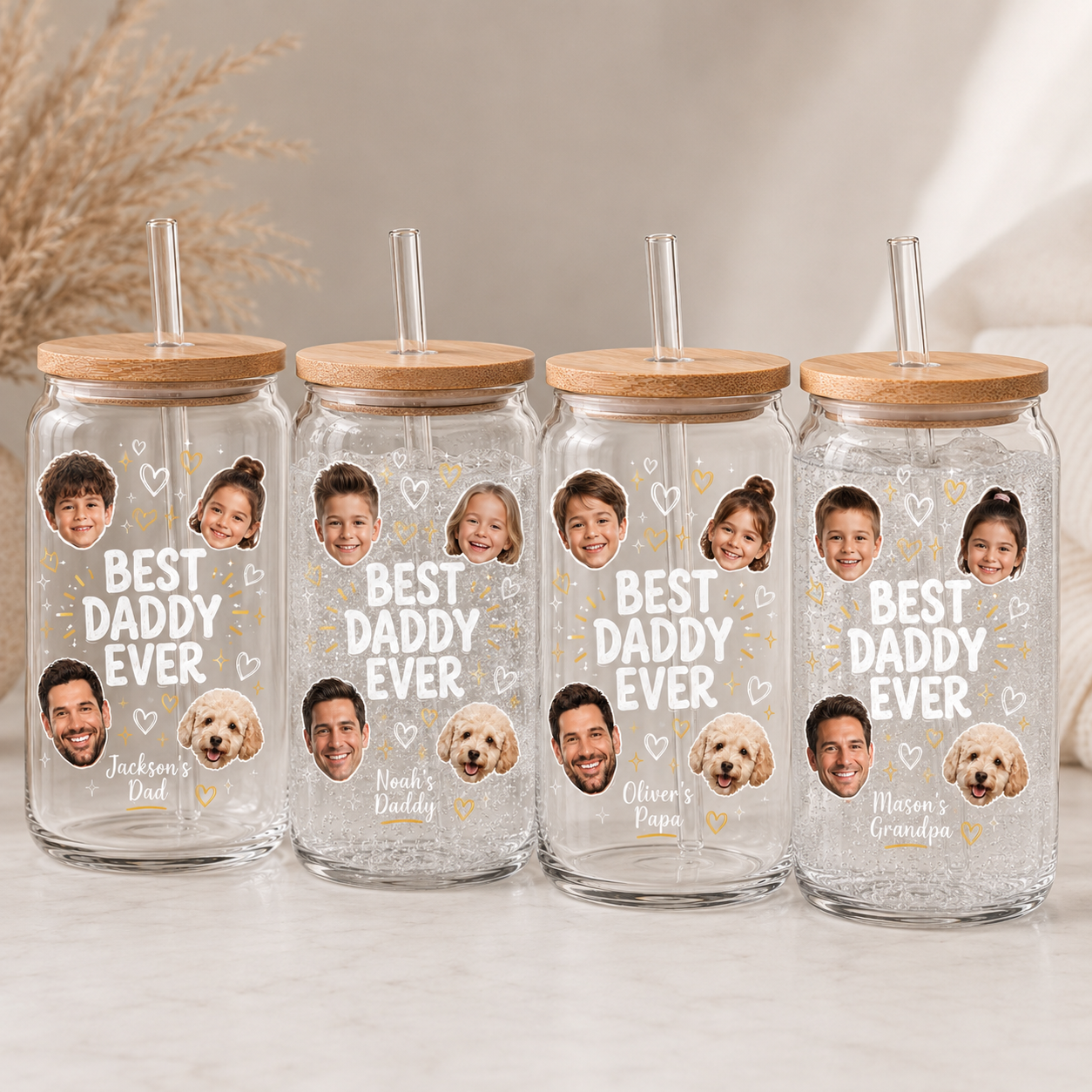 Custom Photo Best Dad Ever Glass 16oz – Personalized Dad Glass Cup with Bamboo Lid & Straw | Gift For Father  TOM99