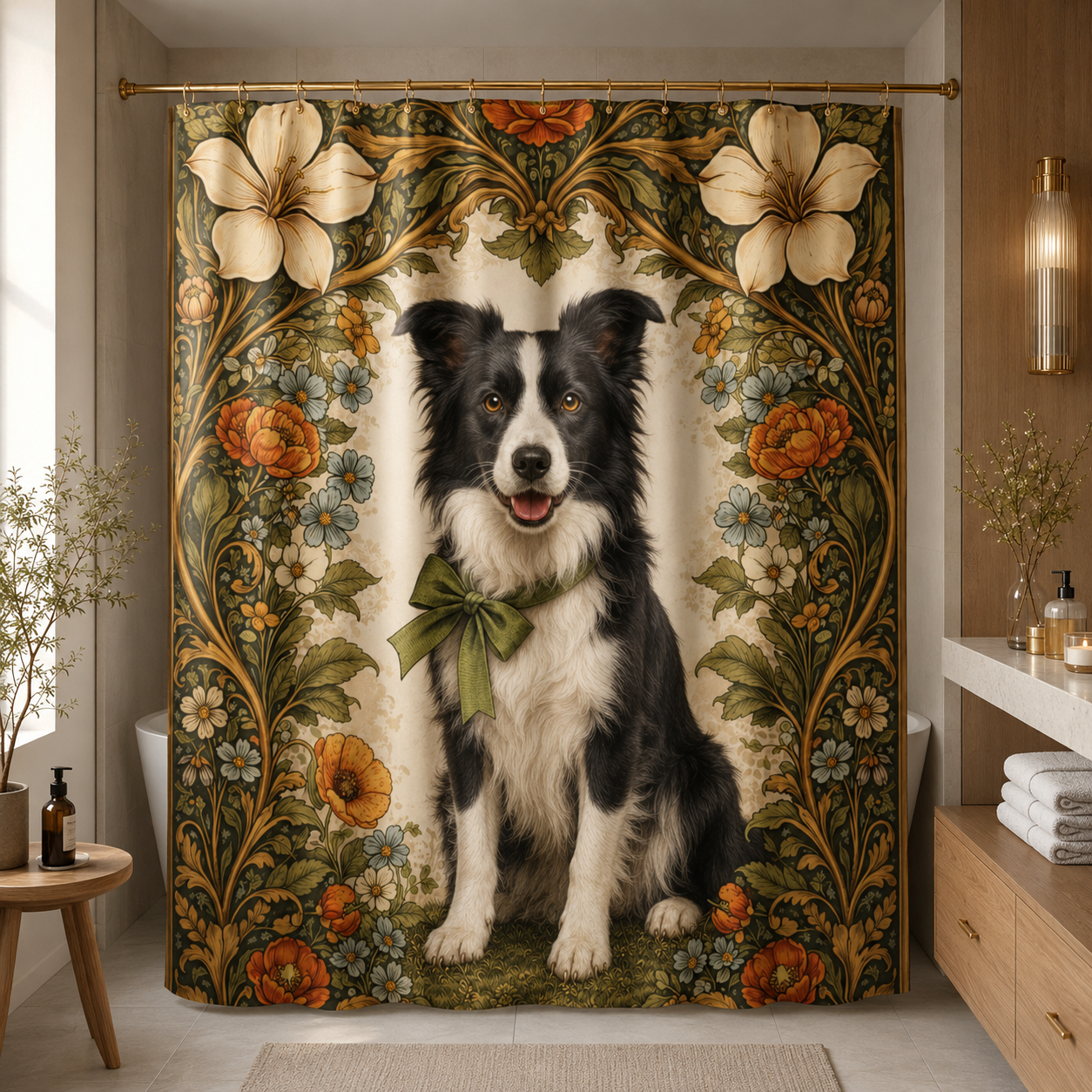 Custom Photo Floral Dog Shower Curtain | Gift For Dog Lovers