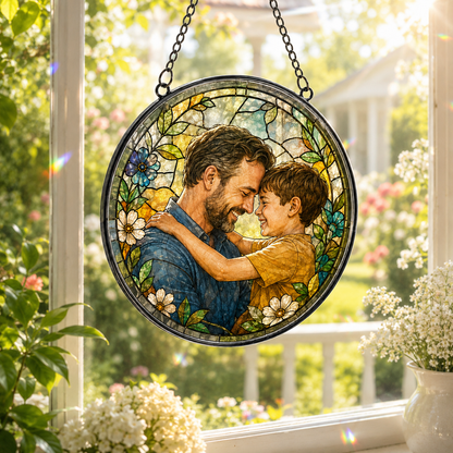 Custom Dad & Son Photo Stained Glass Suncatcher – Personalized Dad Gifts | Gift For Dad TOM99