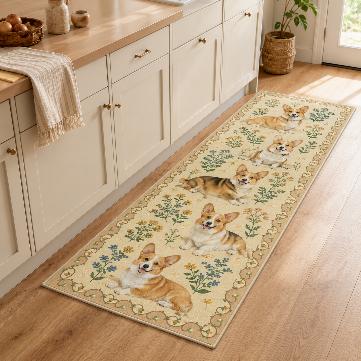 Custom Photo Dog Floral Runner Rug | Pet Hallway Runner Carpet | Gift For Dog Lovers