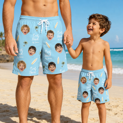 Custom Photo Best Dad Summer Beach Shorts, Personalized Matching Swim Trunks, Tropical Family Vacation Gift