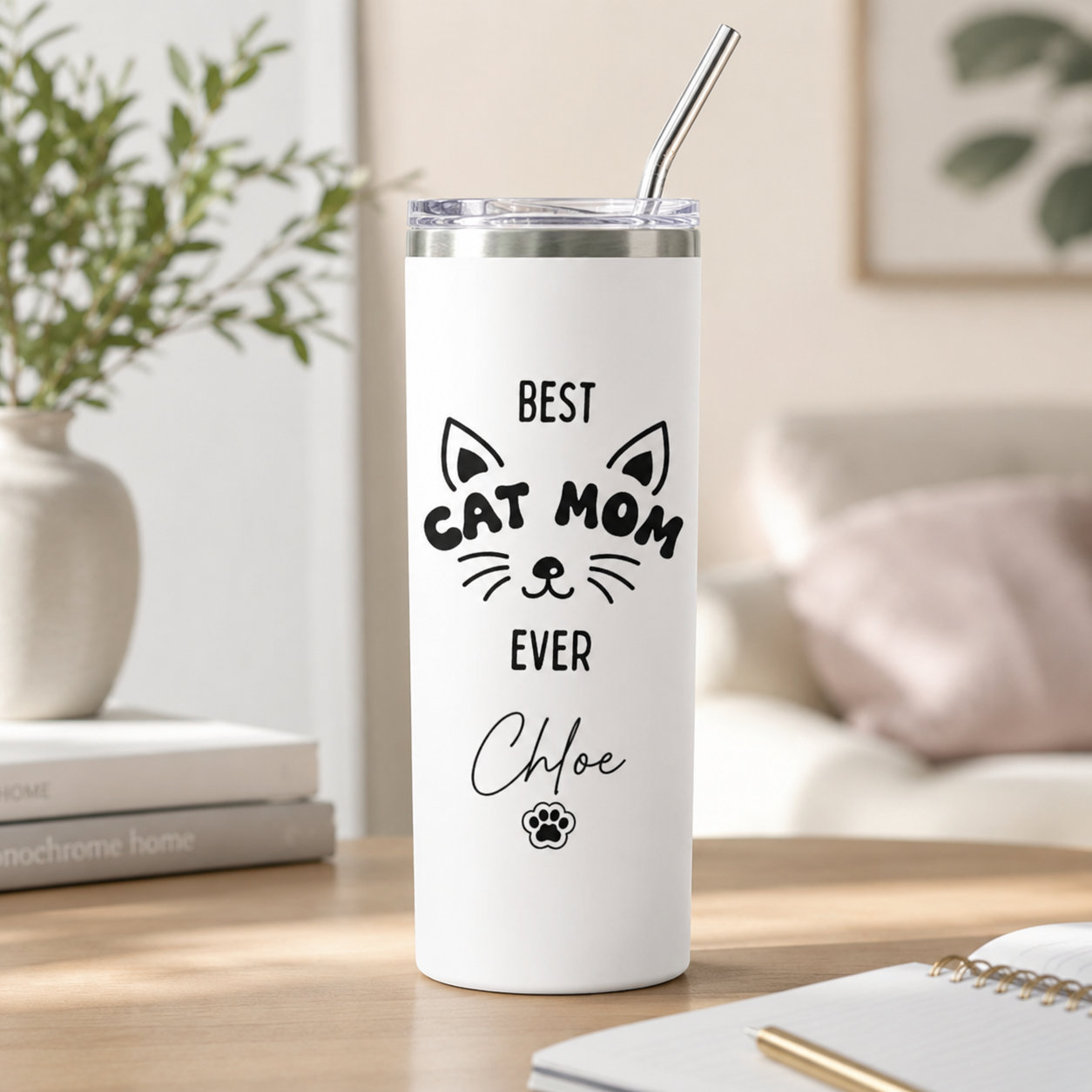 Personalized Best Cat Mom 20oz Skinny Tumbler – Custom Cat Photo Skinny Tumbler For Woman and Cat Owners TOM99