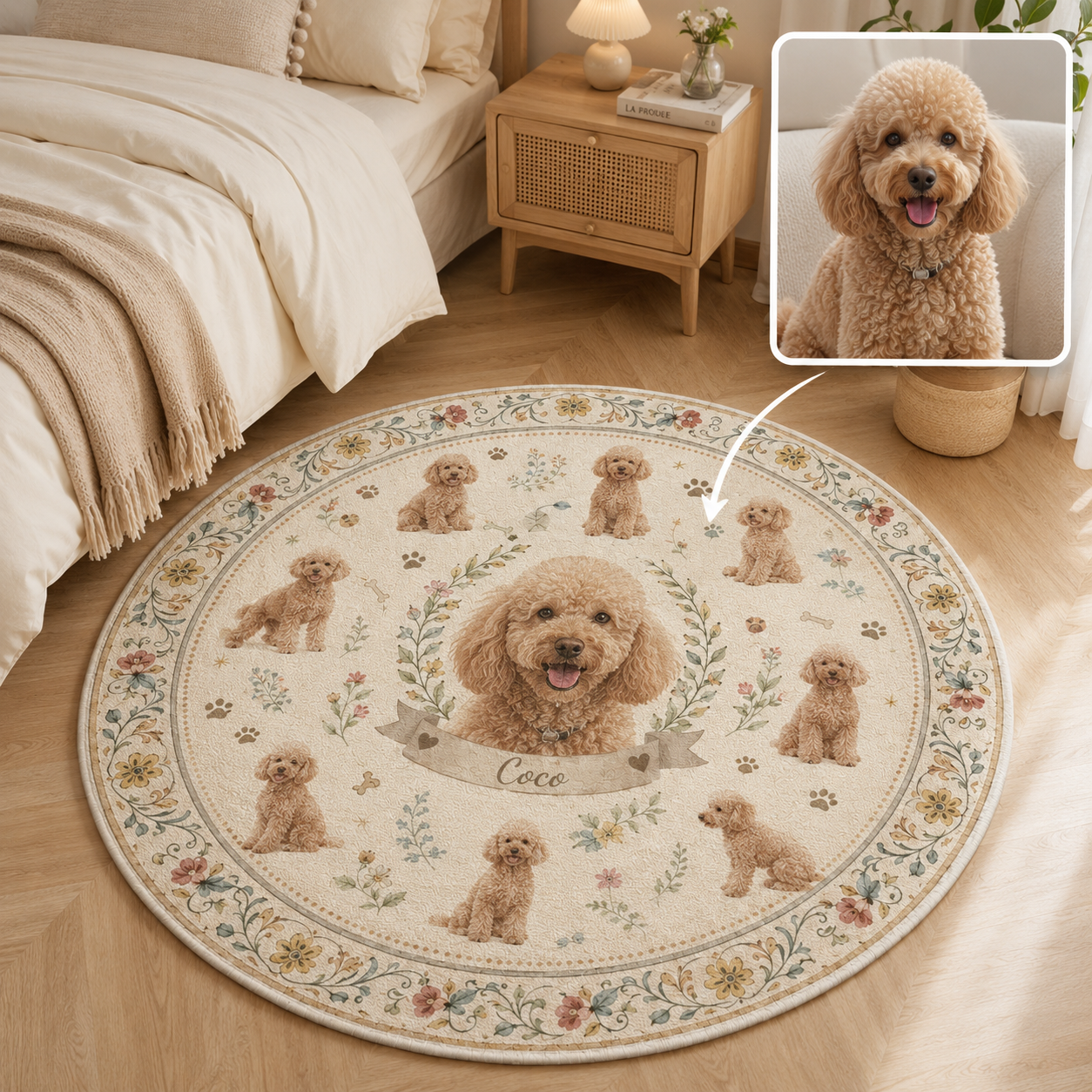 Custom Photo Dog Floral Round Carpet | Photo Pet Round Rug | Gift For Dog Lovers