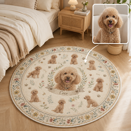 Custom Photo Dog Floral Round Carpet | Photo Pet Round Rug | Gift For Dog Lovers