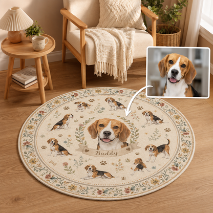 Custom Photo Dog Floral Round Carpet | Photo Pet Round Rug | Gift For Dog Lovers