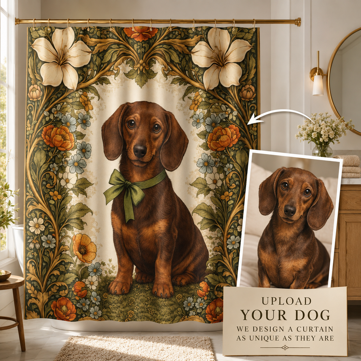 Custom Photo Floral Dog Shower Curtain | Gift For Dog Lovers