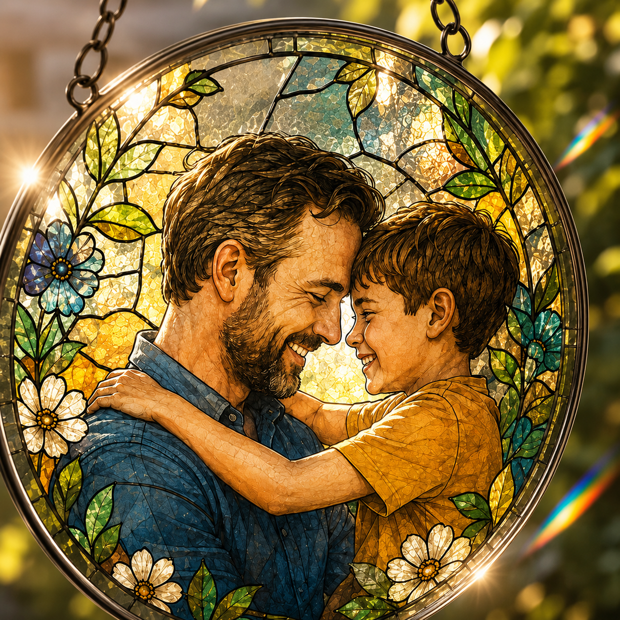 Custom Dad & Son Photo Stained Glass Suncatcher – Personalized Dad Gifts | Gift For Dad TOM99