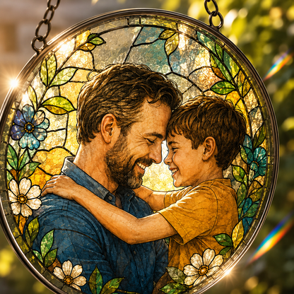 Custom Dad & Son Photo Stained Glass Suncatcher – Personalized Dad Gifts | Gift For Dad TOM99