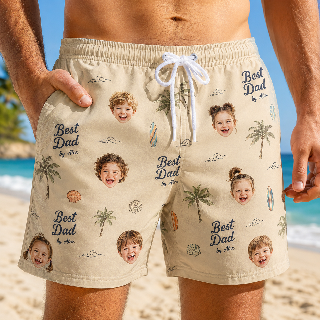 Custom Photo Best Dad Summer Beach Shorts, Personalized Matching Swim Trunks, Tropical Family Vacation Gift