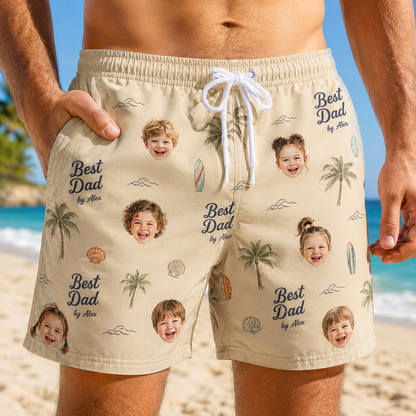 Custom Photo Best Dad Summer Beach Shorts, Personalized Matching Swim Trunks, Tropical Family Vacation Gift