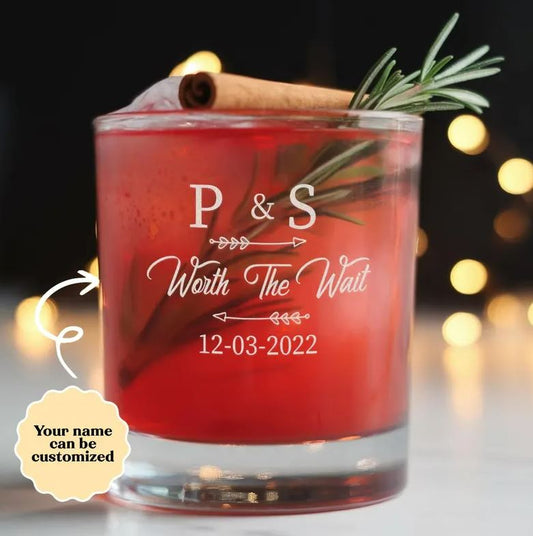 Personalized Worth The Wait Engraved Whiskey Glass | Gift For Wedding | Custom Couple Name Whiskey Glass