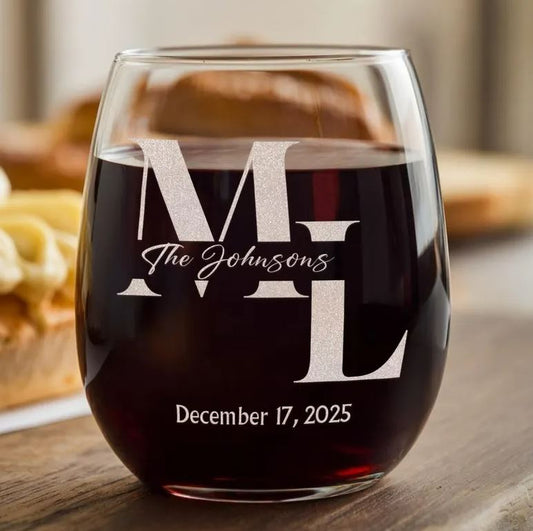 Personalized Wedding Monogram Wine Glass | Wedding Wine Glass Gifts | Engraved Wine Glass