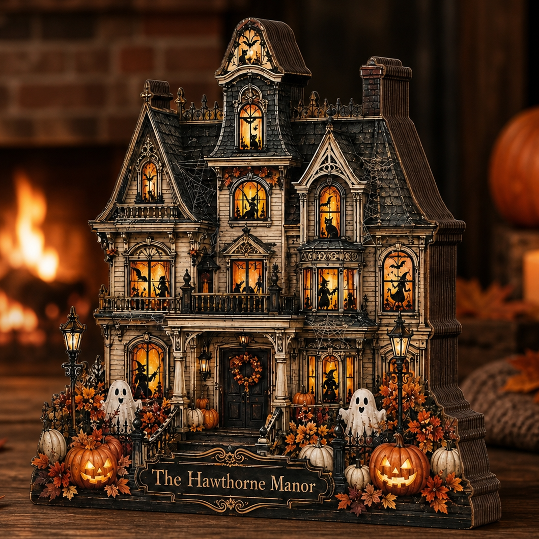 Personalized House Halloween Wood Block 2D Flat, Custom Haunted Sign, Mantel Shelf Decor THUC99