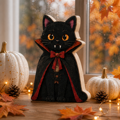 Personalized Black Cat Witch Halloween Wooden Block 2D Flat, Custom Wood Sign, Spooky Home Decor Gift THUC99