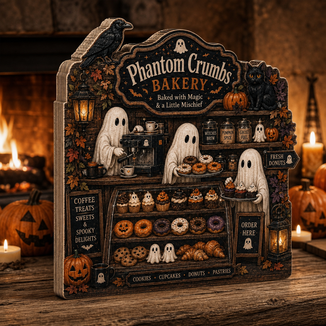 Personalized Bakery Halloween Wood Block 2D Flat, Custom Wood Sign, Spooky Home Decor Gift THUC99
