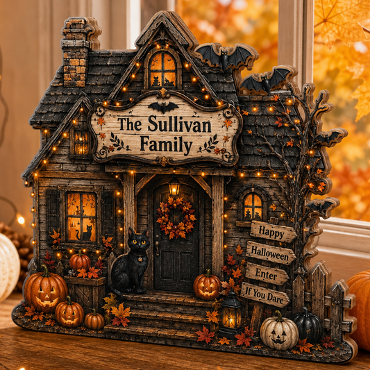 Personalized House Halloween Wood Block 2D Flat, Custom Haunted Sign, Mantel Shelf Decor THUC99