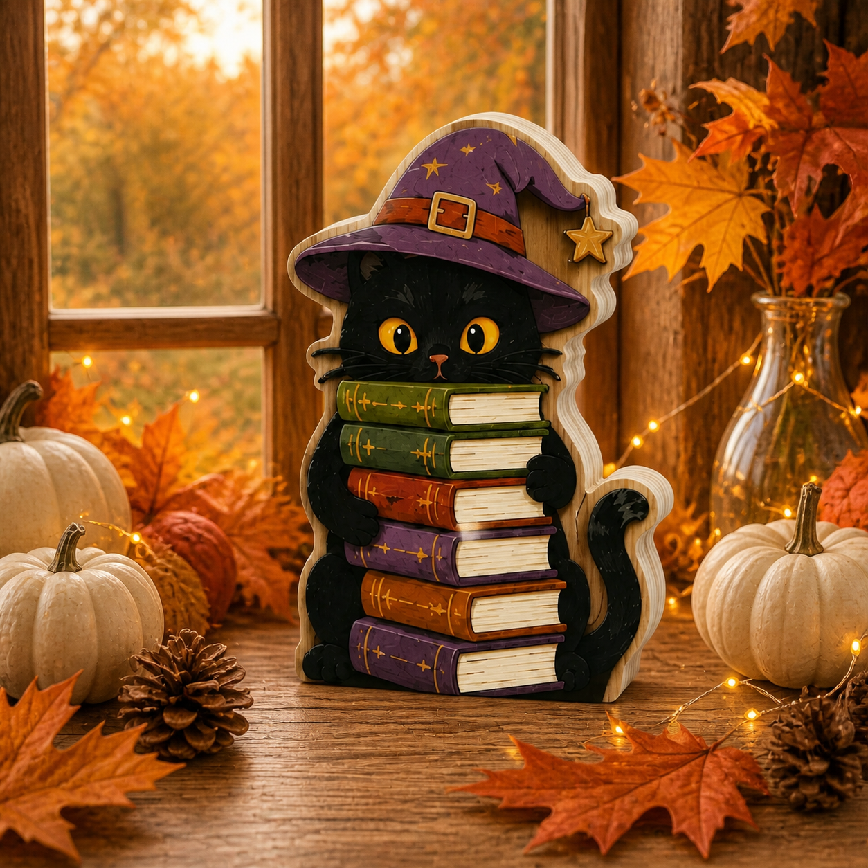 Personalized Black Cat Reading Book Wooden Block Halloween 2D Flat, Custom Wood Sign, Halloween Mantel Decor Gift  THUC99