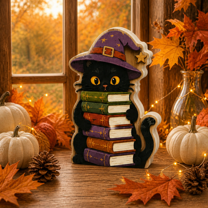 Personalized Black Cat Reading Book Wooden Block Halloween 2D Flat, Custom Wood Sign, Halloween Mantel Decor Gift  THUC99
