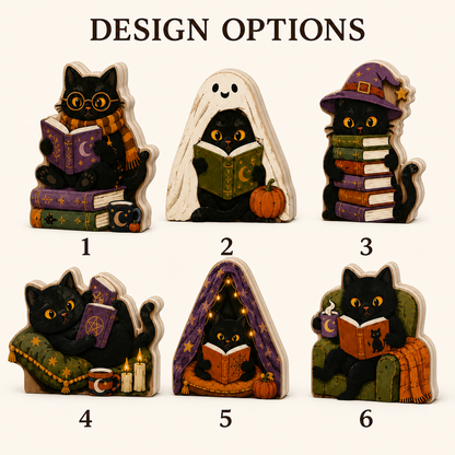 Personalized Black Cat Reading Book Wooden Block Halloween 2D Flat, Custom Wood Sign, Halloween Mantel Decor Gift  THUC99