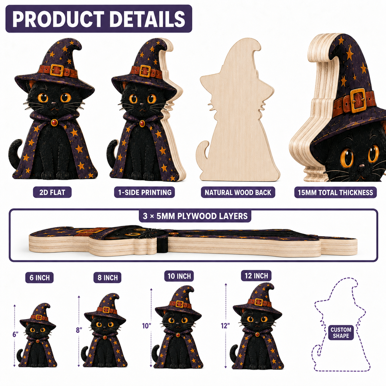 Personalized Black Cat Witch Halloween Wooden Block 2D Flat, Custom Wood Sign, Spooky Home Decor Gift THUC99