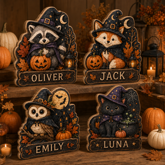 Personalized Halloween Animal Wooden Block 2D Flat, Custom Wood Sign Decor, Gift For Family, Kids  THUC99