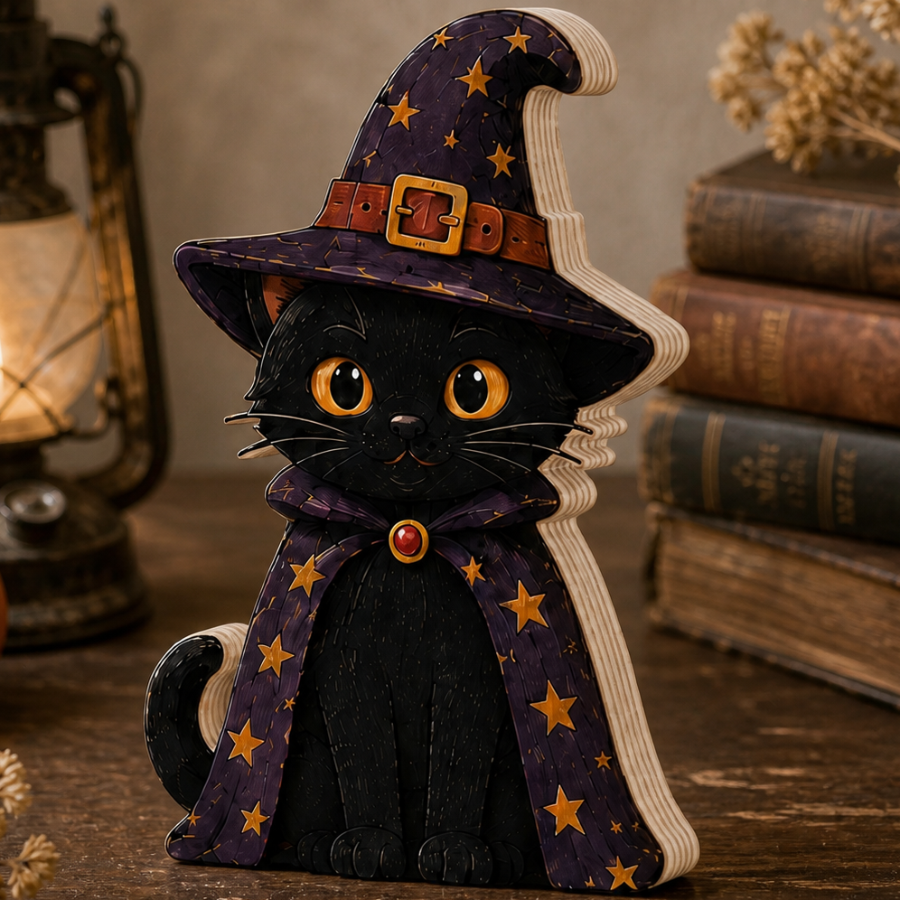 Personalized Black Cat Witch Halloween Wooden Block 2D Flat, Custom Wood Sign, Spooky Home Decor Gift THUC99
