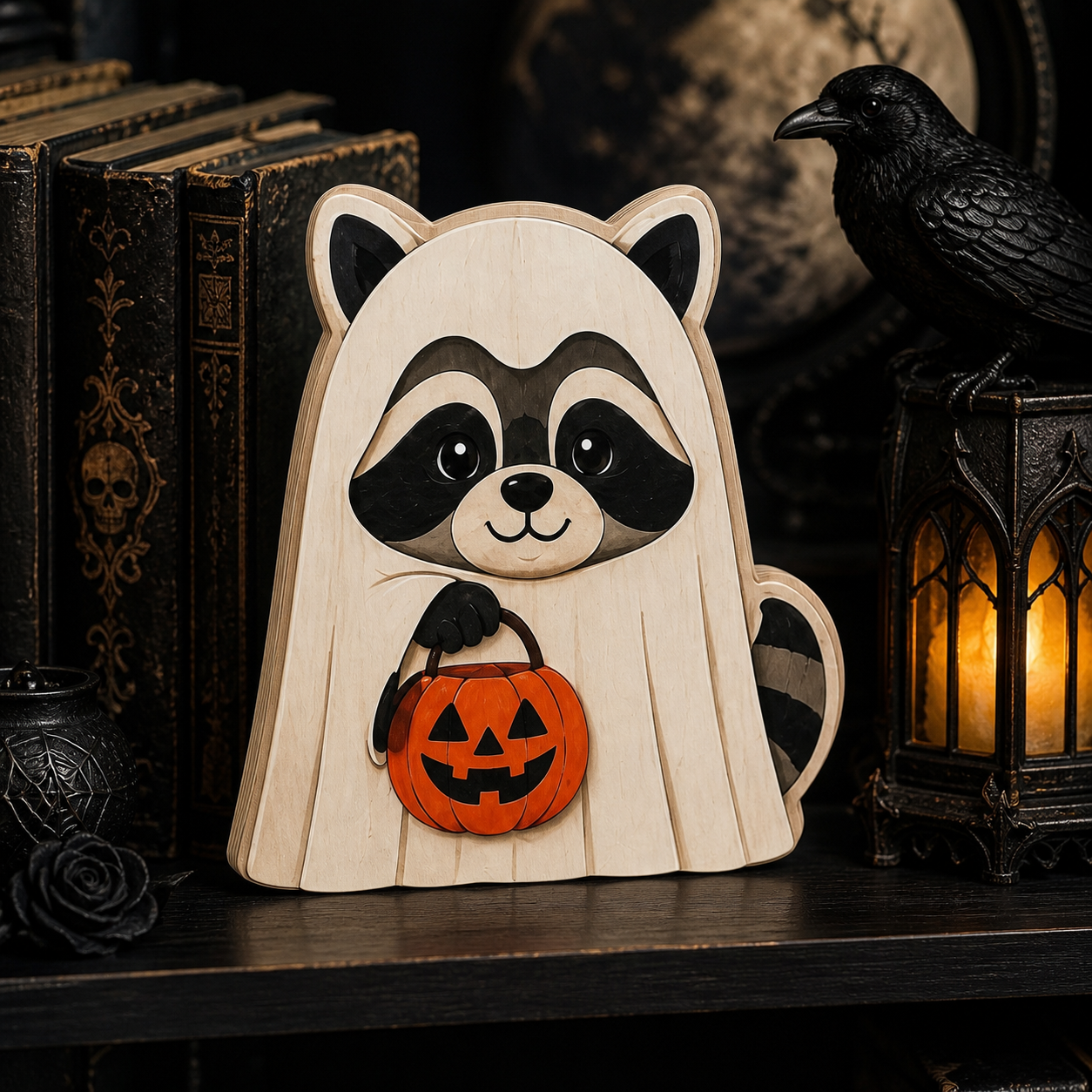 Personalized Racoon Wooden Block Halloween 2D Flat, Custom Wood Sign, Halloween Mantel Decor Gift  THUC99