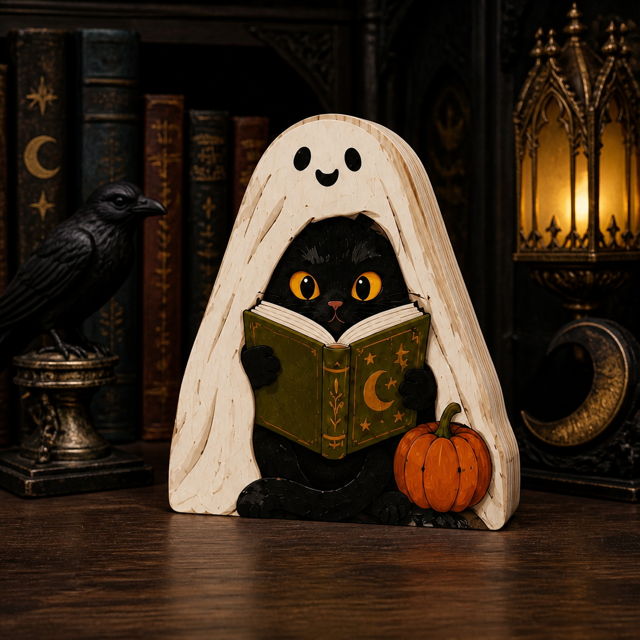 Personalized Black Cat Reading Book Wooden Block Halloween 2D Flat, Custom Wood Sign, Halloween Mantel Decor Gift  THUC99