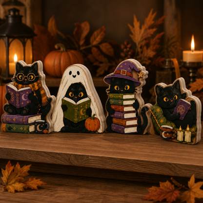 Personalized Black Cat Reading Book Wooden Block Halloween 2D Flat, Custom Wood Sign, Halloween Mantel Decor Gift  THUC99