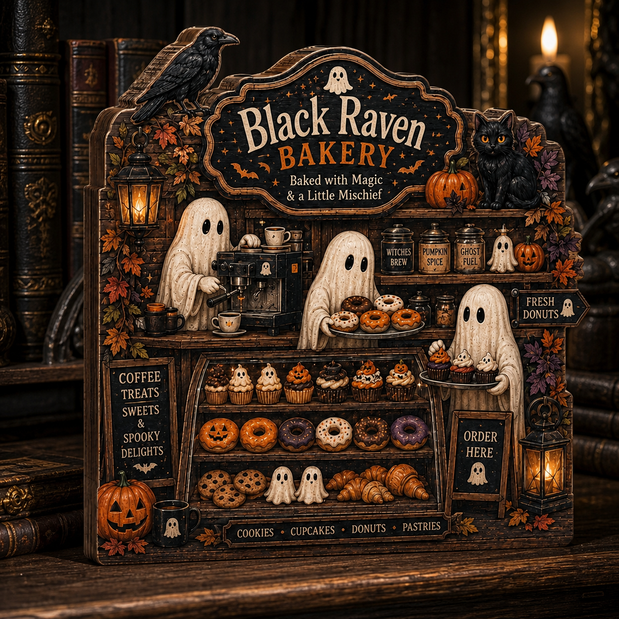Personalized Bakery Halloween Wood Block 2D Flat, Custom Wood Sign, Spooky Home Decor Gift THUC99