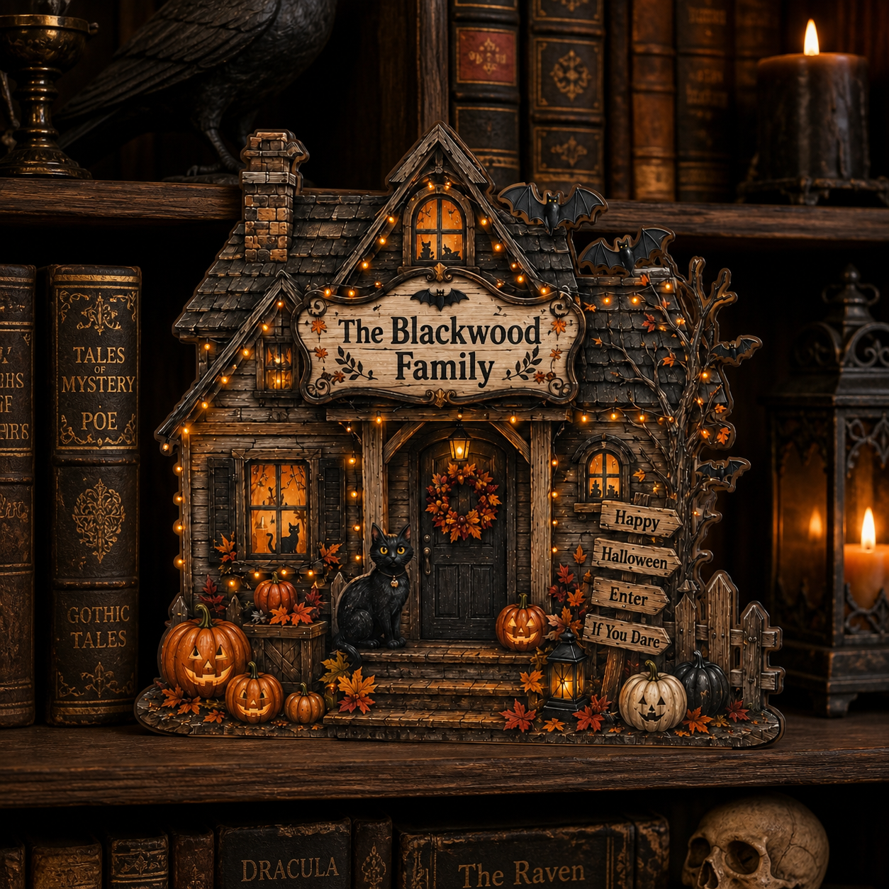 Personalized House Halloween Wood Block 2D Flat, Custom Haunted Sign, Mantel Shelf Decor THUC99