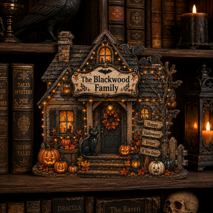 Personalized House Halloween Wood Block 2D Flat, Custom Haunted Sign, Mantel Shelf Decor THUC99