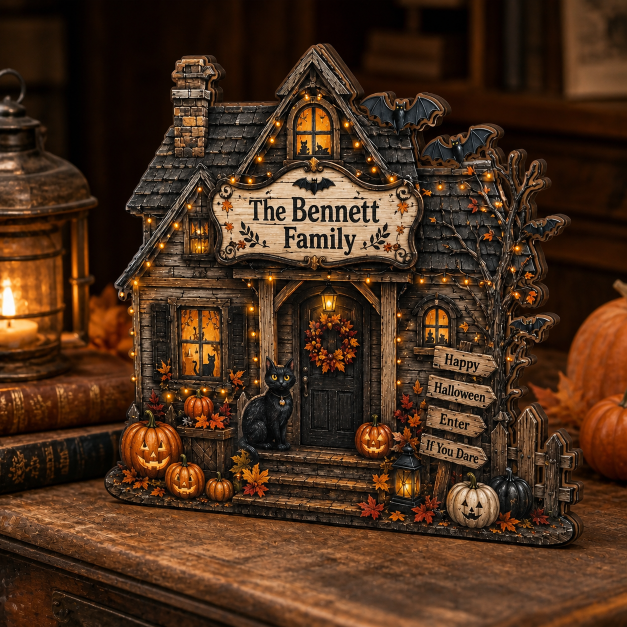 Personalized House Halloween Wood Block 2D Flat, Custom Haunted Sign, Mantel Shelf Decor THUC99