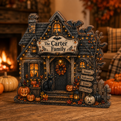 Personalized House Halloween Wood Block 2D Flat, Custom Haunted Sign, Mantel Shelf Decor THUC99