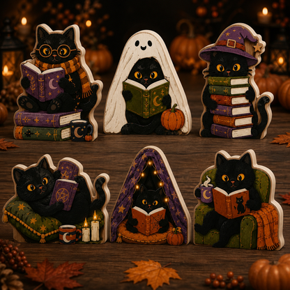 Personalized Black Cat Reading Book Wooden Block Halloween 2D Flat, Custom Wood Sign, Halloween Mantel Decor Gift  THUC99
